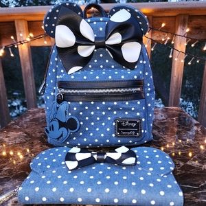 Denim Polka Dot Minnie Loungefly Backpack & Matching Wallet
